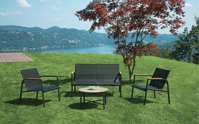TARQUINIA zestaw ogrodowy stalowy kompozyt drewniany tekstylina grafitowy