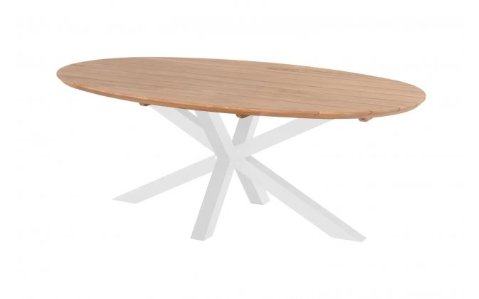 Owalny stół ogrodowy białe nogi blat drewno teakowe STEPHANIE 200x120 cm Hartman