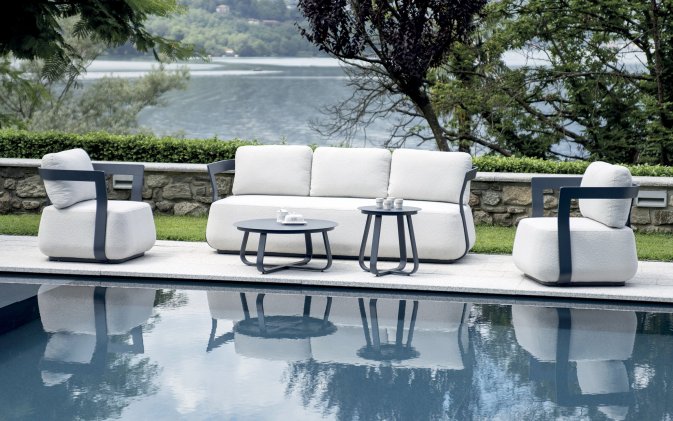 MONACO Granatowy zestaw wypoczynkowy ogrodowy aluminium z poduszkami Boucle