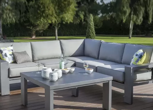 Nowoczesne meble ogrodowe narożne TITAN aluminiowe z szarymi poduszkami