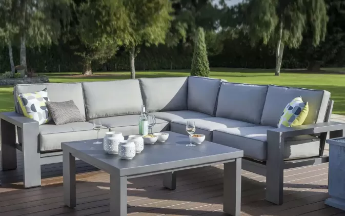 Nowoczesne meble ogrodowe narożne TITAN aluminiowe z szarymi poduszkami
