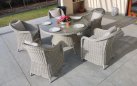 Zestaw stołowy na taras KUMBANG 110 okrągły stół 110 4 fotele z technorattanu jasnoszarego