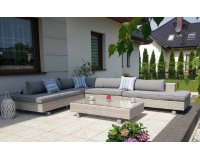 Nowoczesny komplet narożny na taras z jasnoszarego technorattanu SYMBA