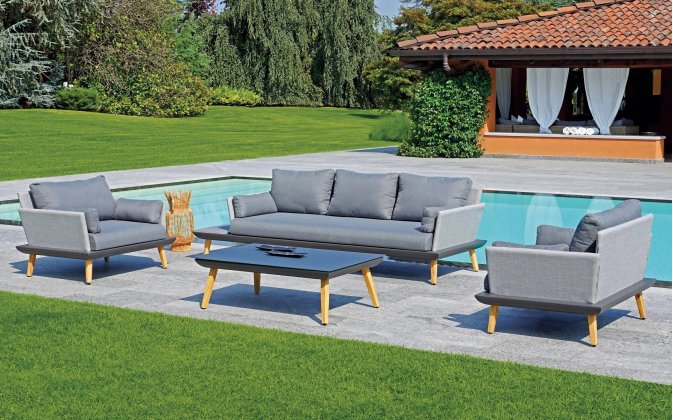 Nowoczesne meble ogrodowe HOUSTON jasnoszara tekjstylina i szare poduszki