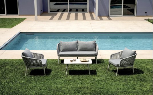 ALICANTE zestaw wypoczynkowy ogrodowy aluminium lina poduszki szare