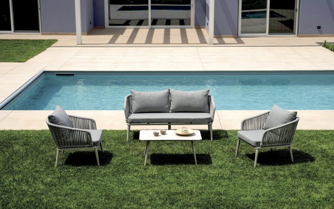 ALICANTE zestaw wypoczynkowy ogrodowy aluminium lina poduszki szare