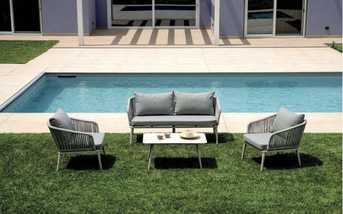 ALICANTE zestaw wypoczynkowy ogrodowy aluminium lina poduszki szare