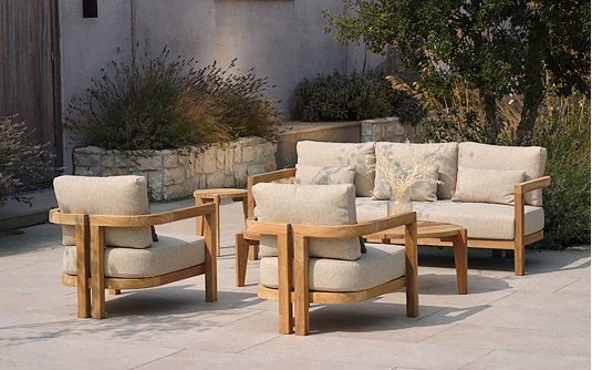 Zestaw ogrodowy lounge MOIRA Hartman teak 5 osobowy sofa 2 fotele 2 stoliki poduszki weatherready 20