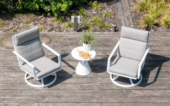 Biały obrotowy fotel wypoczynkowy aluminiowy na taras MAROON / poduszka SZARA Soltex