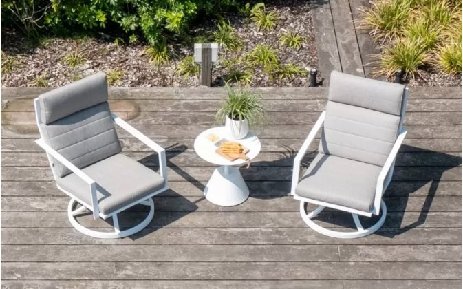 Biały obrotowy fotel wypoczynkowy aluminiowy na taras MAROON / poduszka SZARA Soltex 