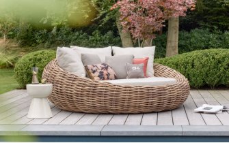 COCOON DAYBED łóżko ogrodowe z technorattanu z poduszkami BEE WETT® Boucle beżowy