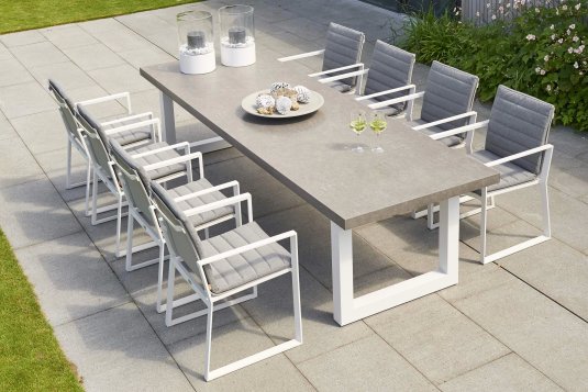 Meble ogrodowe aluminiowe stołowe STELVIO 300 - nogi białe - blat ceramiczny i fotele białe PRIMAVERA Meble ogrodowe aluminiowe stołowe STELVIO 300 - nogi białe - blat ceramiczny i fotele białe PRIMAVERA