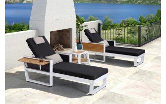 Komplet 2 leżaków ogrodowych aluminiowych białych YORK Higold ze stolikiem teak