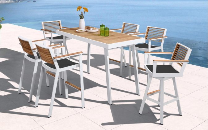 Komplet barowy ogrodowy biały z 6 hokerami YORK 