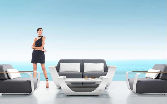 Meble ogrodowe aluminiowe wypoczynkowe białe ONDA siedziska z szarej ekoskóry