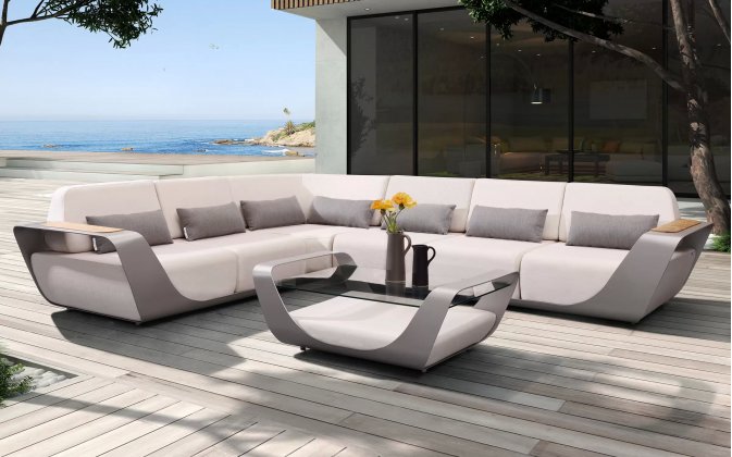 Luksusowy narożnik aluminiowy na taras ONDA szara konstrukcja / białokremowe poduszki