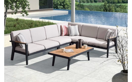 Duży narożnik na taras aluminiowy EMOTI czarny z beżowymi poduszkami Olefin