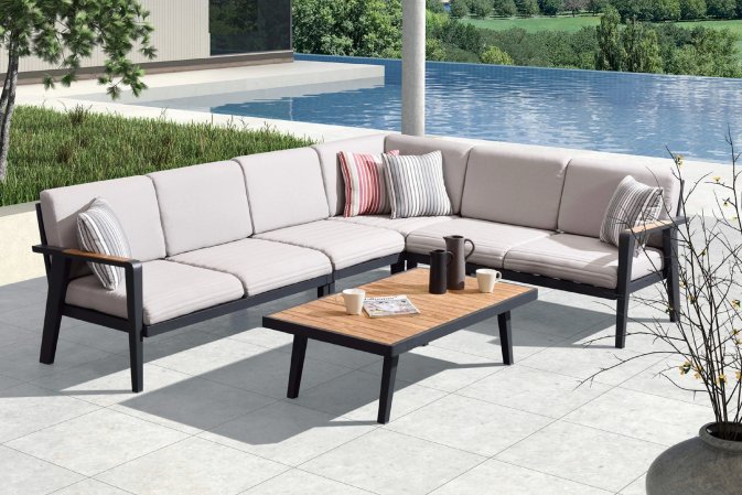 Duży narożnik na taras aluminiowy EMOTI czarny z beżowymi poduszkami Olefin Duży narożnik na taras aluminiowy EMOTI czarny z beżowymi poduszkami Olefin