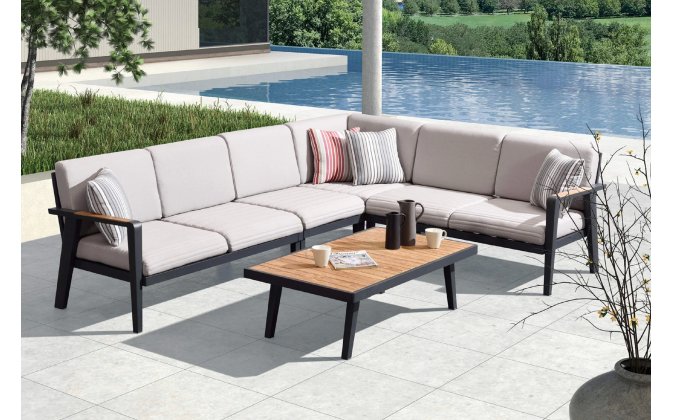 Duży narożnik na taras aluminiowy EMOTI czarny z beżowymi poduszkami Olefin