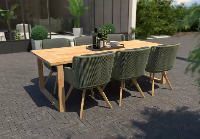 Meble ogrodowe stołowe FLORES stół teak spartan oraz fotele z liną polipropylenową