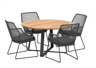 Komplet stołowy ogrodowy ze stołem 130 cm z blatem teak  bASSO i fotelami BABILONIA szarymi
