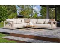 Ekskluzywny narożnik ogrodowy aluminiowy modułowy beżowy METROPOLITAN stolik teak