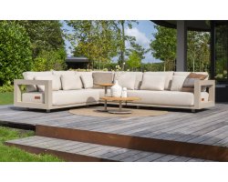 Ekskluzywny narożnik ogrodowy aluminiowy modułowy beżowy METROPOLITAN stolik teak