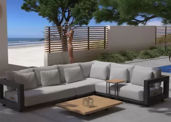 Ekskluzywny narożnik ogrodowy aluminiowy modułowy METROPOLITAN stolik teak