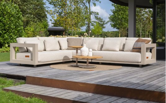 Ekskluzywny narożnik ogrodowy aluminiowy modułowy beżowy METROPOLITAN stolik teak Ekskluzywny narożnik ogrodowy aluminiowy modułowy beżowy METROPOLITAN stolik teak