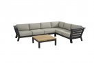 Modułowy narożnik aluminiowy ogrodowy METEORO ciemnoszary z jasnymi poduszkami i stolikiem kwadratowym 90x90 cm