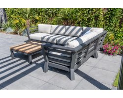 Modułowy narożnik aluminiowy ogrodowy METEORO ciemnoszary z jasnymi poduszkami i stolikiem kwadratowym 90x90 cm