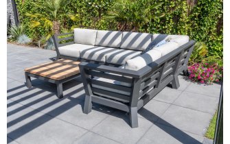 Modułowy narożnik aluminiowy ogrodowy METEORO ciemnoszary z jasnymi poduszkami i stolikiem kwadratowym 90x90 cm