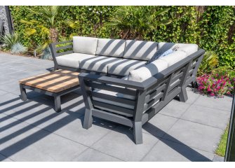 Modułowy narożnik aluminiowy ogrodowy METEORO ciemnoszary z jasnymi poduszkami i stolikiem kwadratowym 90x90 cm