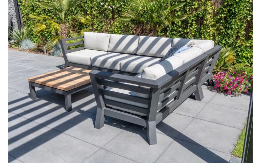 Modułowy narożnik aluminiowy ogrodowy METEORO ciemnoszary z jasnymi poduszkami i stolikiem kwadratowym 90x90 cm Modułowy narożnik aluminiowy ogrodowy METEORO ciemnoszary z jasnymi poduszkami i stolikiem kwadratowym 90x90 cm