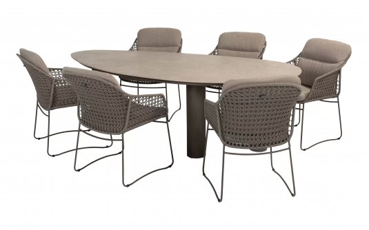 Meble obiadowe na taras stół na 3 nogach owalny ceramiczny MORETTI 4SO i 6 krzeseł lina polipropylenowa Meble obiadowe na taras stół na 3 nogach owalny ceramiczny MORETTI 4SO i 6 krzeseł lina polipropylenowa