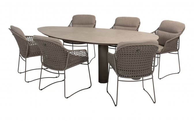 Meble obiadowe na taras stół na 3 nogach owalny ceramiczny MORETTI 4SO i 6 krzeseł lina polipropylenowa