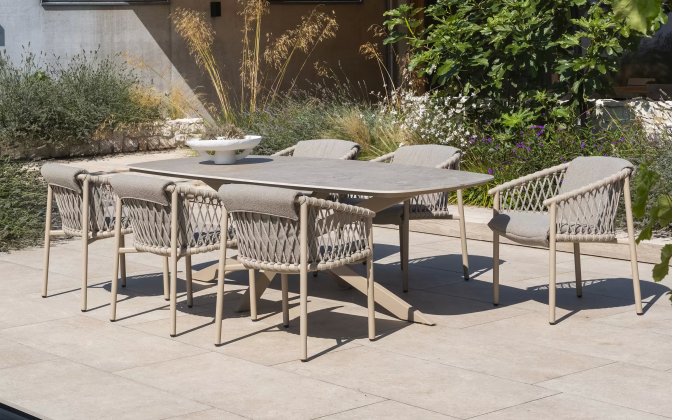 Zestaw stołowy ALLORA beżowy aluminowy ze stołem nogii krzyżowe blat ceramiczny