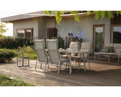 Jasnobeżowy zestaw ogrodowy FLORA Hartman stół + 4 fotele z regulacją aluminiowe z ceramicznym blatem nowoczesny
