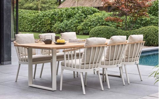 CONDOR zestaw stołowy ogrodowy z blatem z teaku i poduszkami jasnobezowy