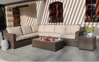 Meble ogrodowe narożnik na taras z technorattanu LARGHI ze stolikiem kawowym BRĄZOWY