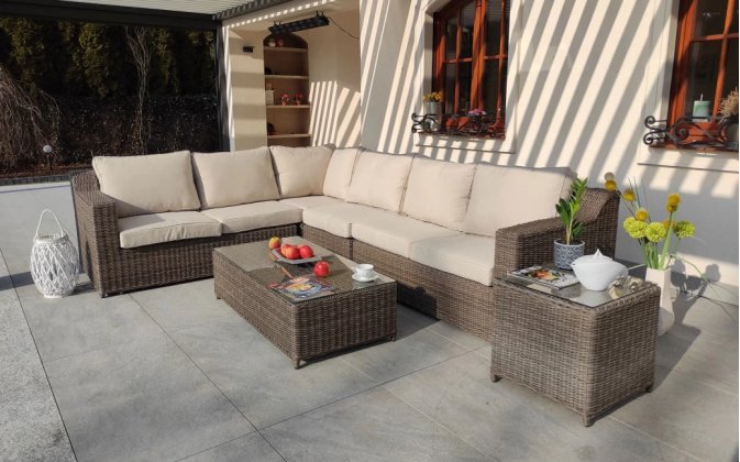 Meble ogrodowe narożnik na taras z technorattanu LARGHI ze stolikiem kawowym BRĄZOWY