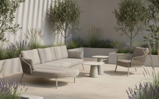 Szeroka sofa ogrodowa beżowa aluminiowa z oplotem z liny rope Barcelona