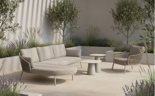 Szeroka sofa ogrodowa beżowa aluminiowa z oplotem z liny rope Barcelona