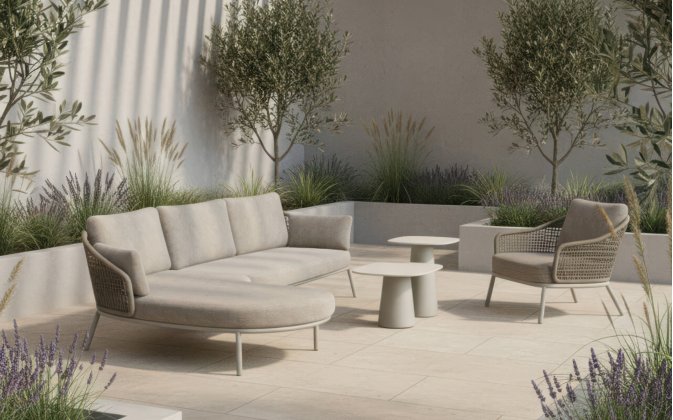 Szeroka sofa ogrodowa beżowa aluminiowa z oplotem z liny rope Barcelona