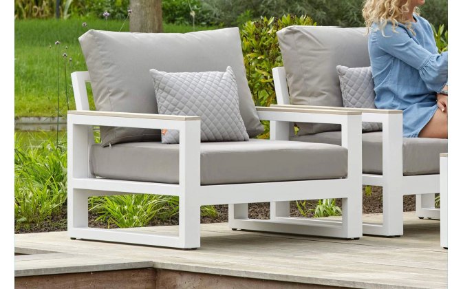 Fotel wypoczynkowy na taras aluminiowy z grubymi poduszkami MALLORCA biały 