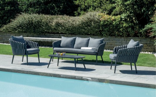 MARBELA zestaw wypoczynkowy ogrodowy grafitowe aluminium lina poduszki szare