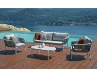 MARATEA Biały zestaw wypoczynkowy ogrodowy aluminium lina szkło natryskowe