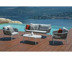 MARATEA Biały zestaw wypoczynkowy ogrodowy aluminium lina szkło natryskowe