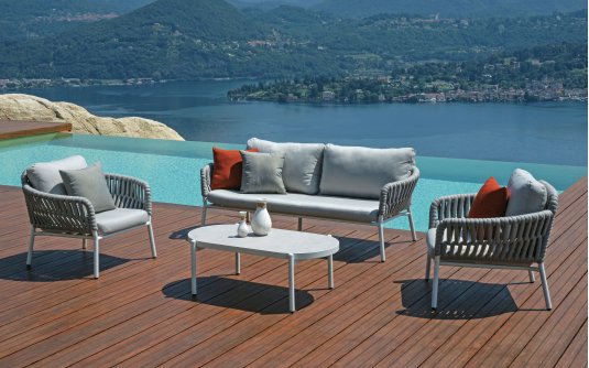 MARATEA Biały zestaw wypoczynkowy ogrodowy aluminium lina szkło natryskowe MARATEA Biały zestaw wypoczynkowy ogrodowy aluminium lina szkło natryskowe