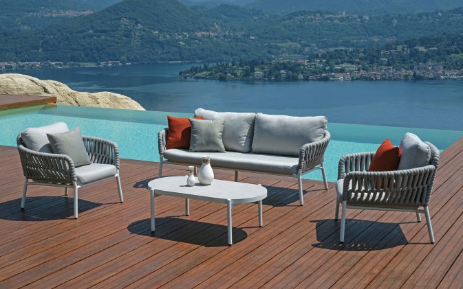 MARATEA Biały zestaw wypoczynkowy ogrodowy aluminium lina szkło natryskowe